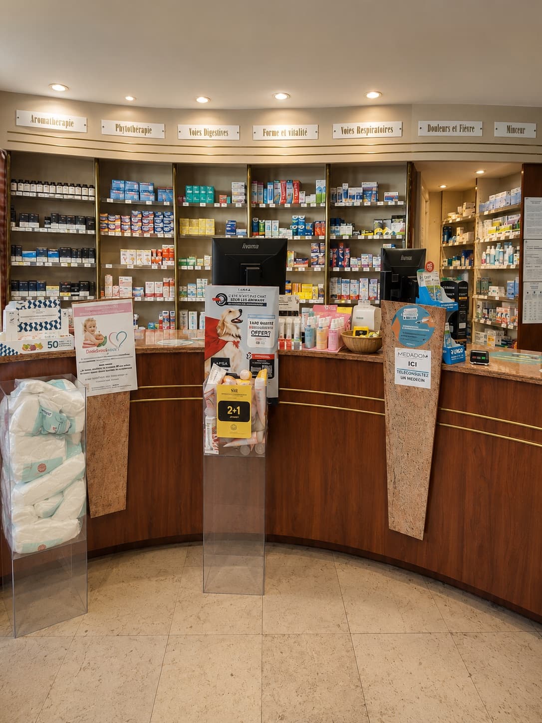 Comptoir de délivrance de la Pharmacie du Centre à Cysoing, avec les rayons conseil aromathérapie et phytothérapie